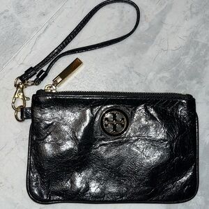 Tory Burch Wristlet wallet Black genuine crinkled leather  Gold tone accents EUC